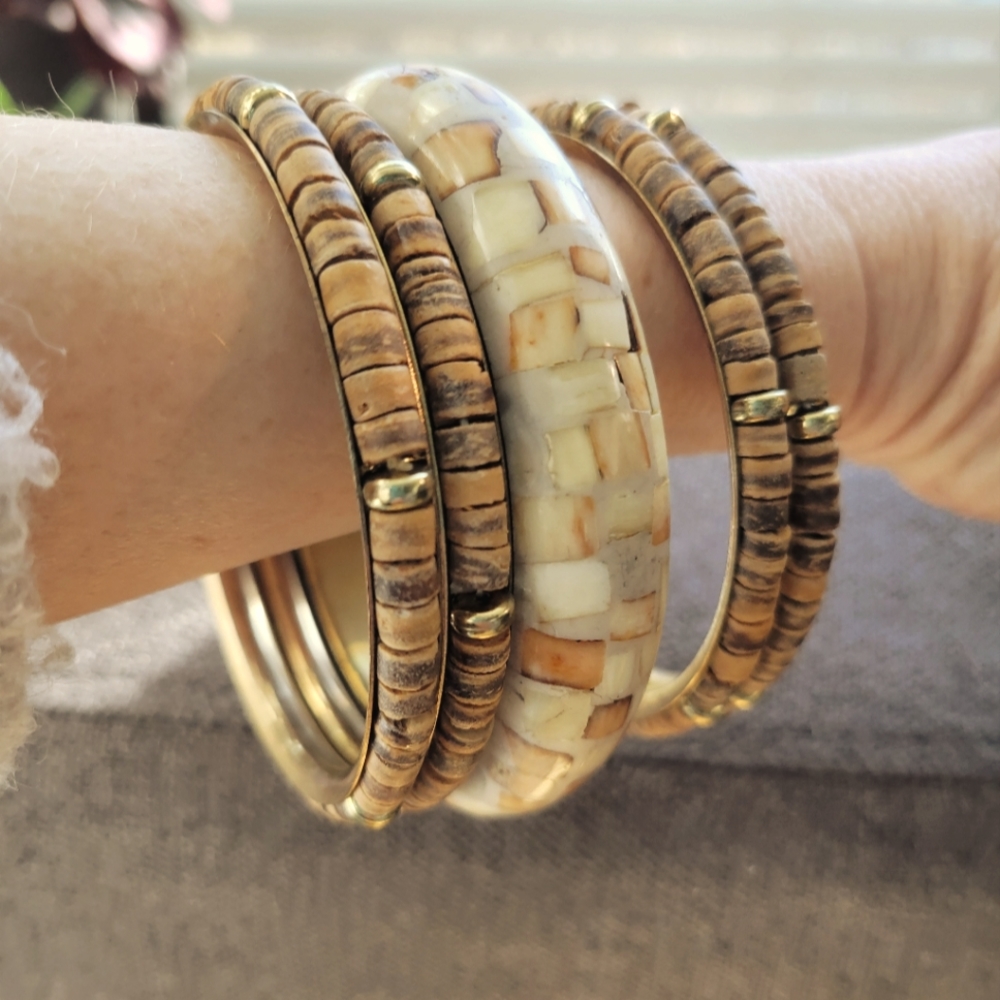 Wood beads on gold colored bangles